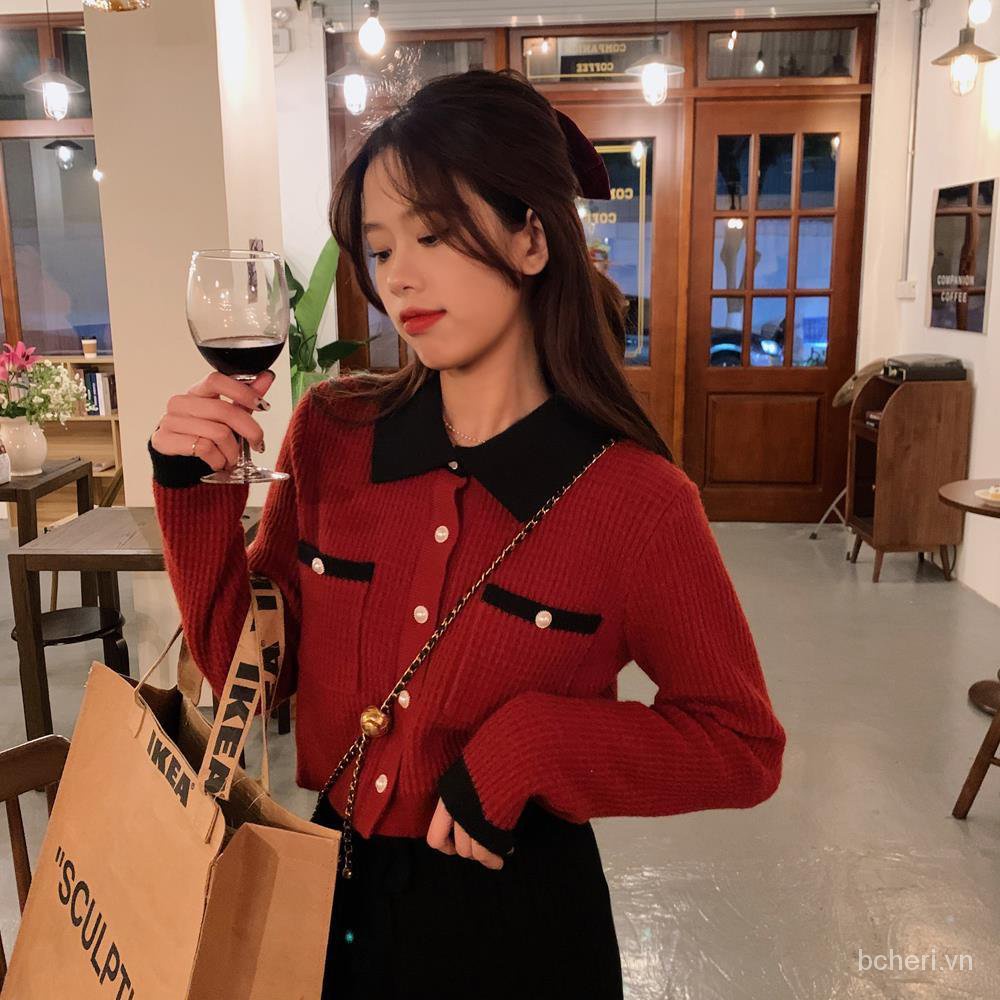2021Mùa Thu Mới Nhỏ Màu Sắc Phù Hợp Với Cổ Áo Ngắn Tay Dài Dệt Kim Áo Khoác Cardigan Nữ Hàn Quốc Phiên Bản Thiết Kế Ban Đầu