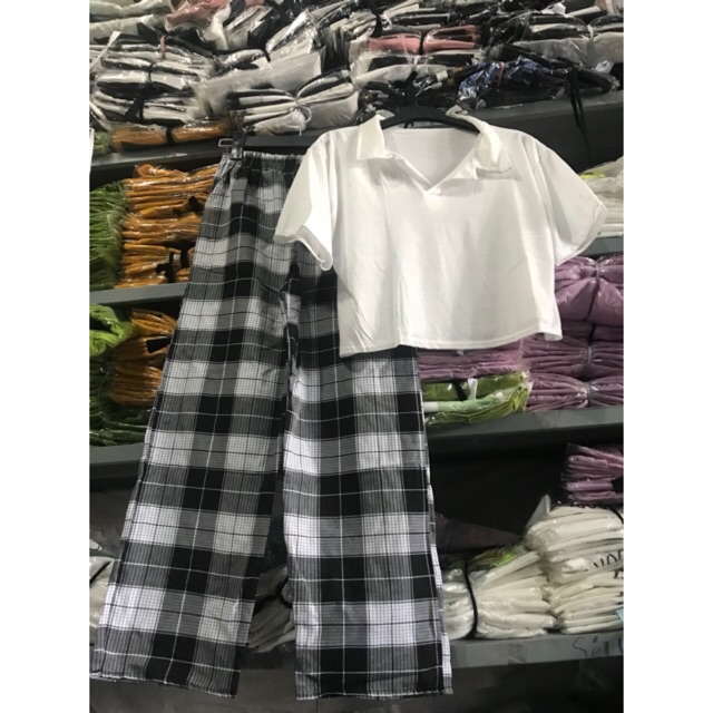 Sét áo polo croptop +quần kẻ karo