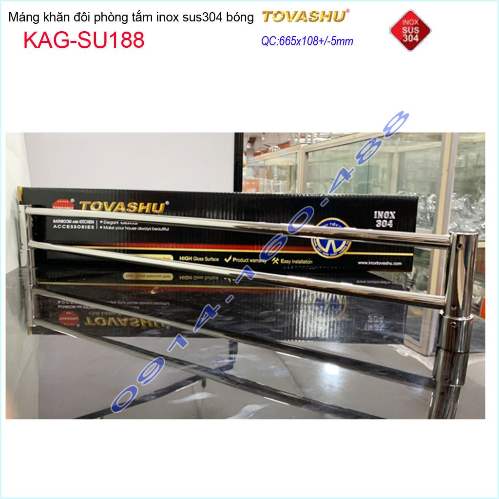 Thanh treo khăn tắm Tovashu KAG-304SU188, Giá treo khăn phòng tắm Inox hộp cao cấp SUS304 Nhật Bản