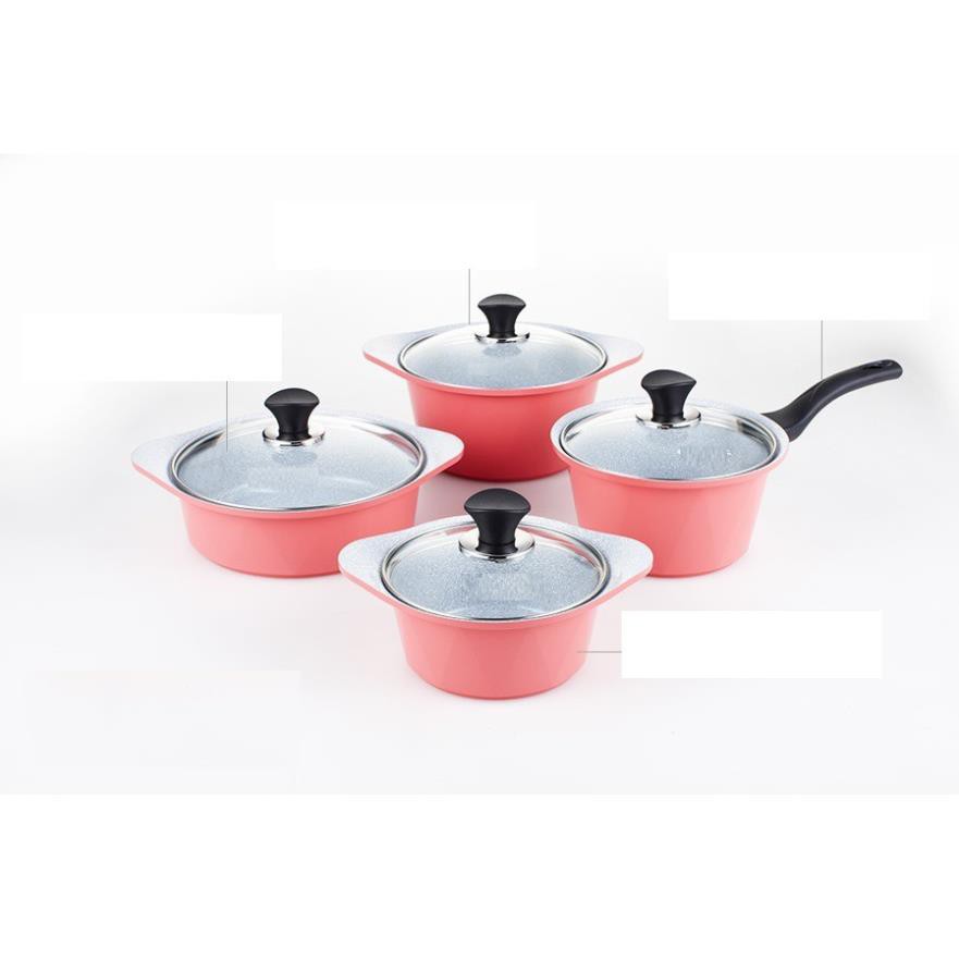 ECORAMIC-Bộ 4 nồi ceramic: nồi 1 tay cầm 18cm, Nồi 2 tay cầm 20-22-24cm +1 cặp nhấc nồi sillicon