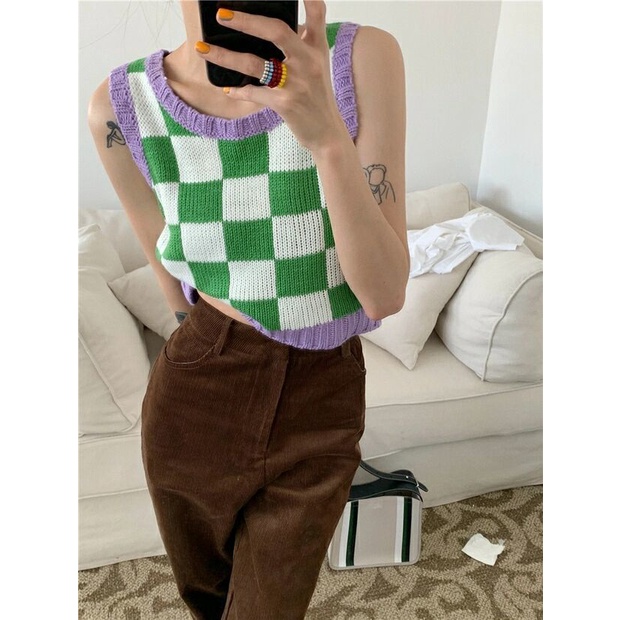 Áo dệt kim hai dây họa tiết sọc caro thời trang cho nữ