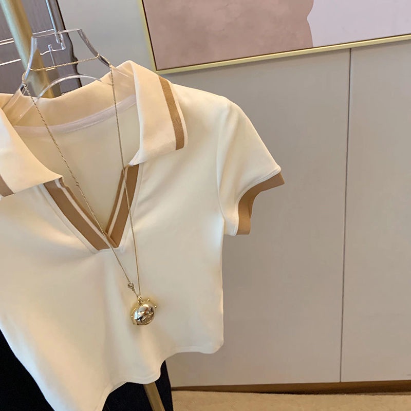 Pure desire for hot girls high waist slim short style design sense Polo collar short sleeved t-shirt women's summer 2022 new T-shirt blouse