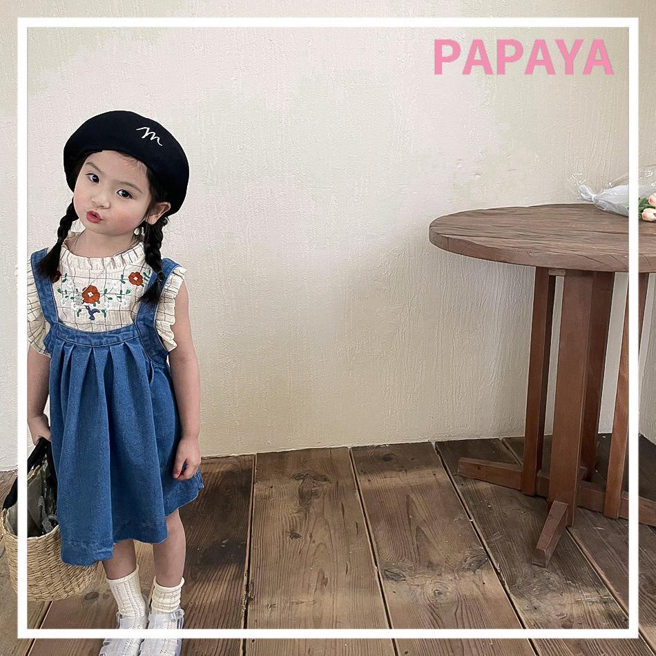 Bộ Áo Nhún Bèo + Chân Váy Yếm Denim Thời Trang Cho Bé Gái