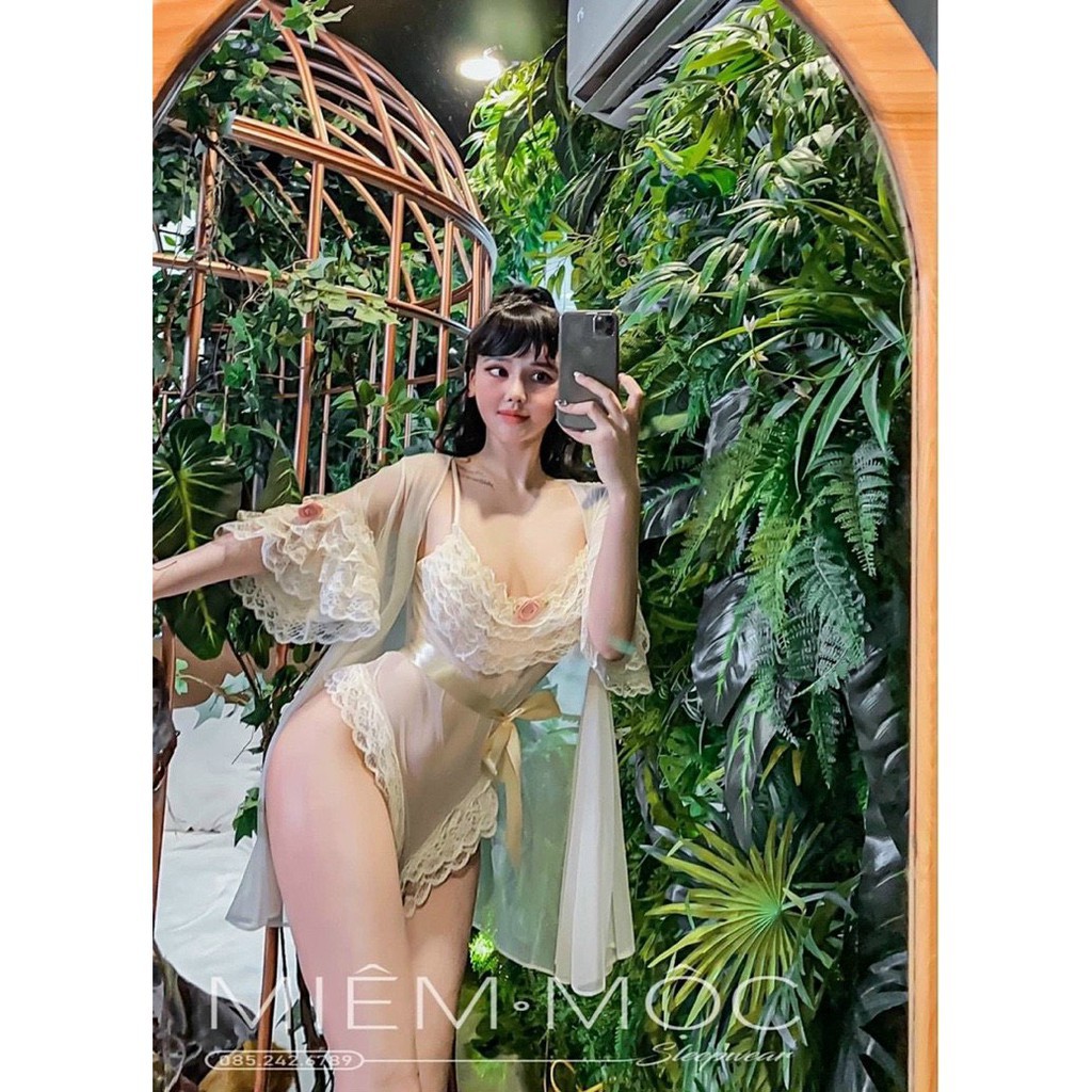 Set váy ngủ ren cúc bấm kèm choàng viền ren MIEMMOC QUẢNG CHÂU cao cấp kenshop0602- Hàng có sẵn( video + ảnh thật)