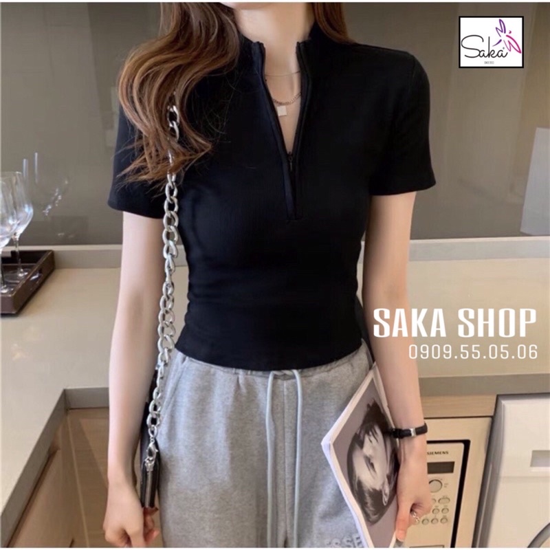 Áo croptop thun nữ dây kéo cổ sơ mi 3 màu thời trang trắng xám đen