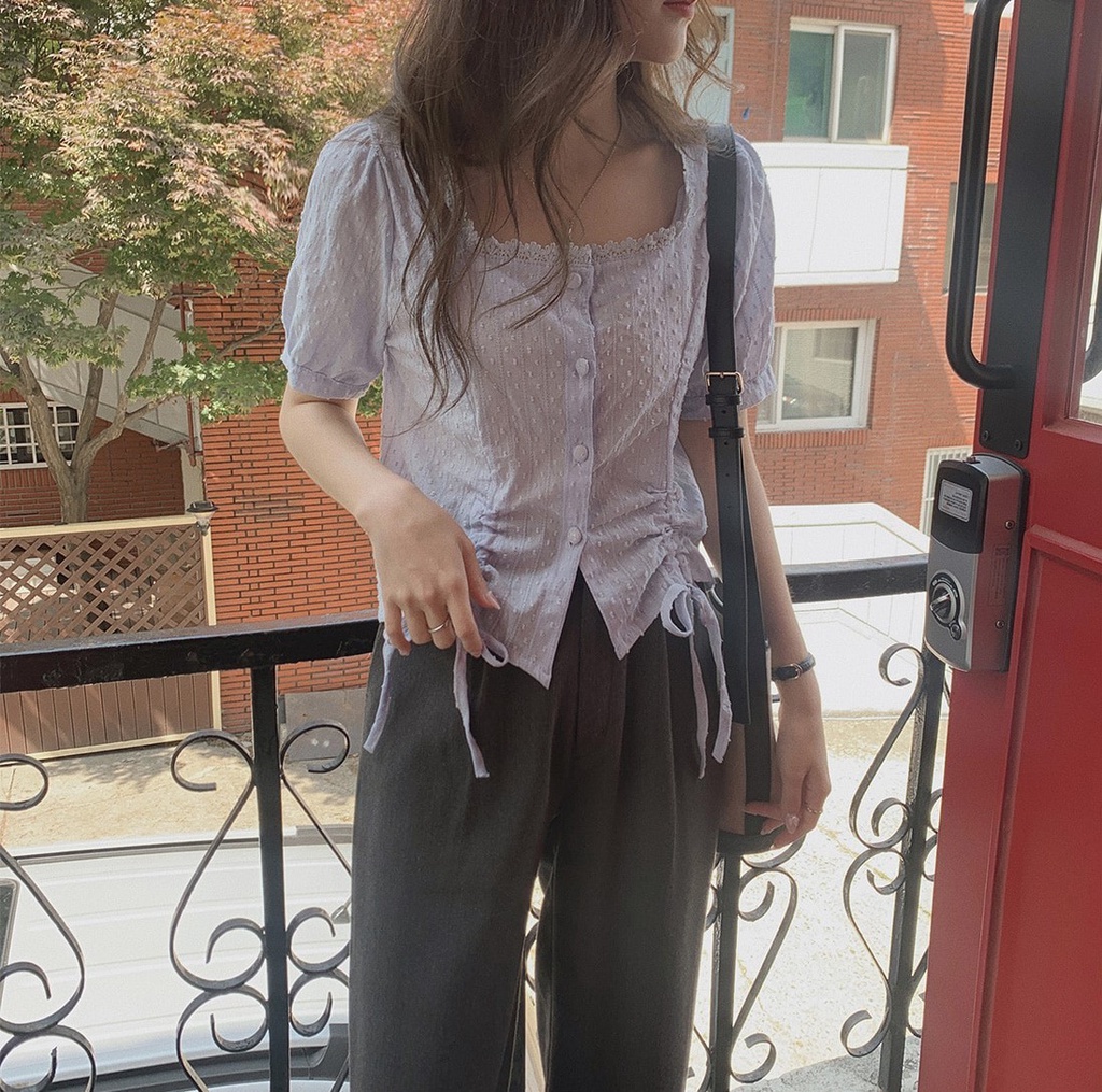 Áo Sơ Mi Ngắn Tay Cổ Vuông Thêu Ren Dây Rút Thời Trang Sành Điệu 53669