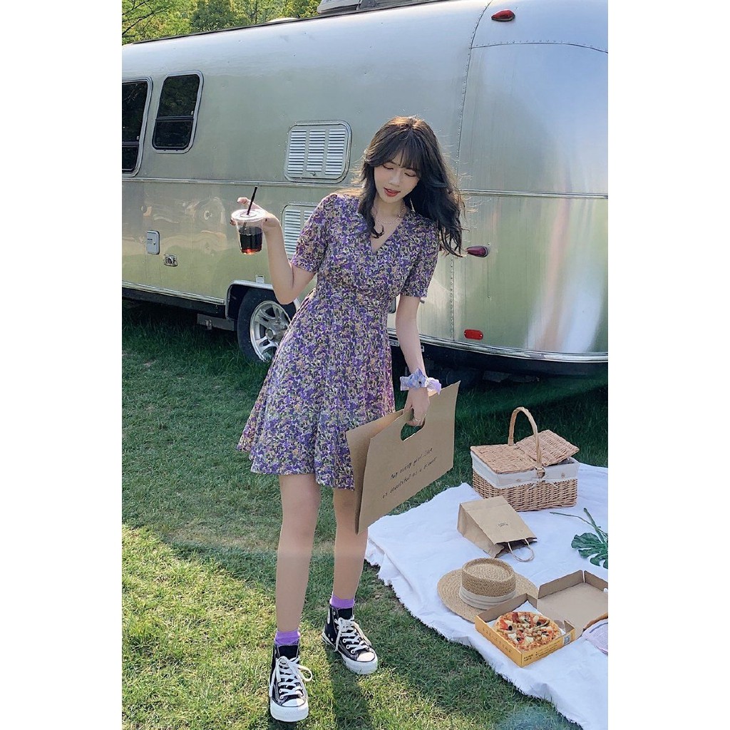 Đầm Chiffon Hoa Nhí Màu Tím Tay Ngắn