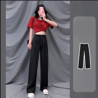 Quần ống suông đen nữ lưng cao dáng dài vải mềm Quần culottes ống rộng cạp cao chất vải tuyết mưa mặc học sinh - công sở | BigBuy360 - bigbuy360.vn