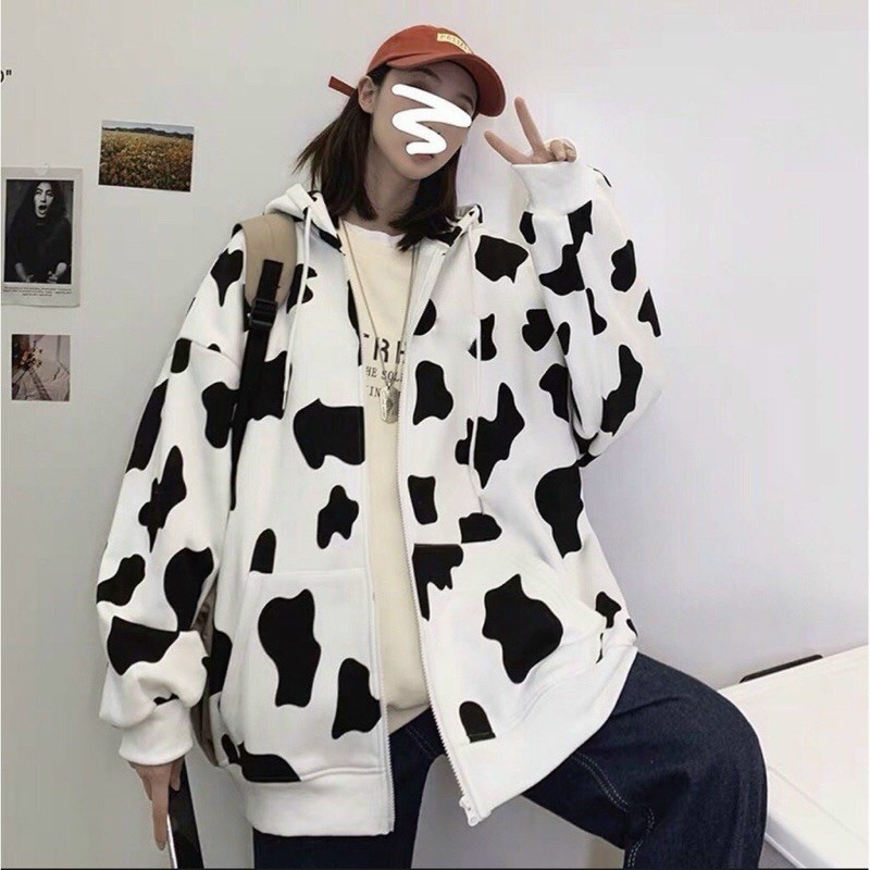 ❤️ SIÊU HÓT ❤️ Áo Khoác Dây Kéo Jacket Con Bò Sữa Unisex Form Rộng có nón chống nắng túi to nam nữ mẫu mới