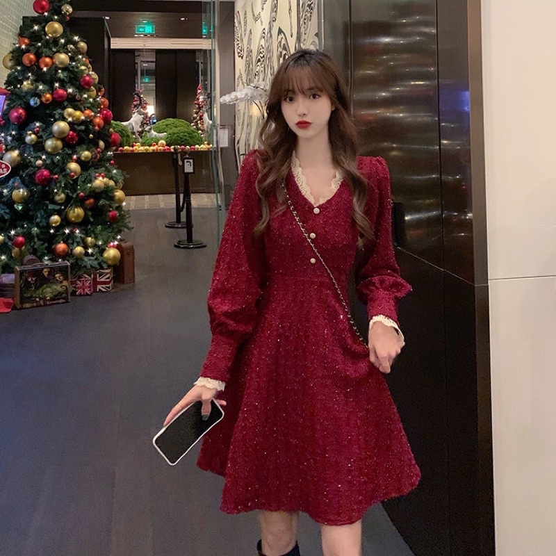 Váy dạ dệt kim tay phồng cổ chữ v _hàng quảng châu loại 1 | BigBuy360 - bigbuy360.vn