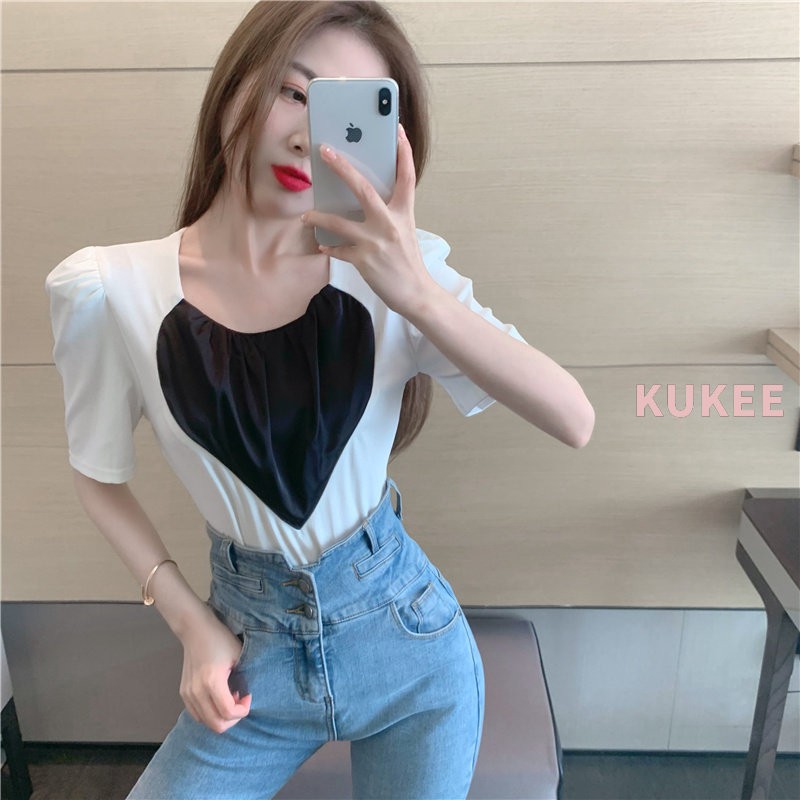 Áo Kiểu Tay Phồng Cổ Vuông Phối Màu Tương Phản Phong Cách Pháp | BigBuy360 - bigbuy360.vn