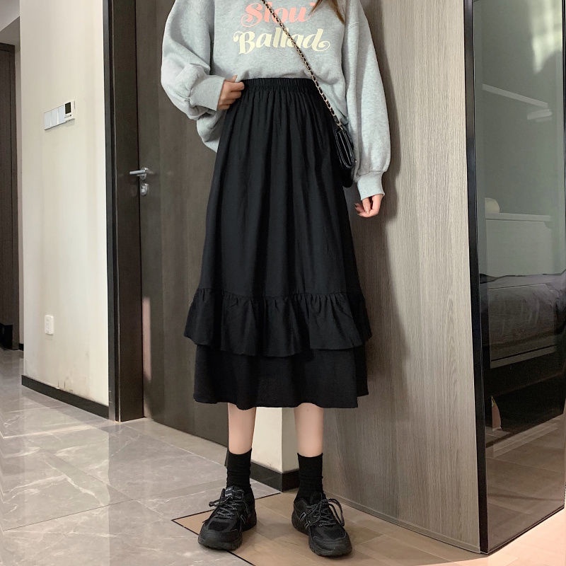 CV004 Chân váy xòe dài qua gối 2 tầng bèo Đầm midi nữ cáp chun đi biển đi chơi tiểu thư bánh bèo nữ tính công chúa