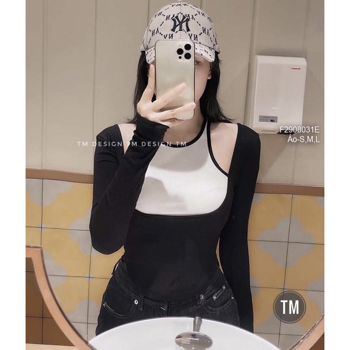 Áo kiểu dài tay phối yếm màu khoét vai CHẤT TT3008