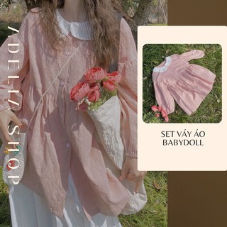 [Sẵn] Set váy áo babydoll dáng rộng cổ bẻ xinh xắn nhẹ nhàng dành cho nữ, Set váy áo màu xinh xỉu ulzzang Hàn Quốc
