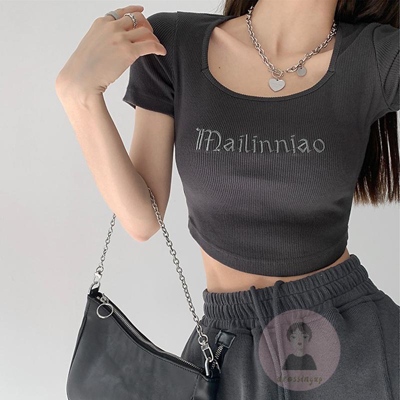 DRE-Women´s Summer Short T-shirt,Letter Embroidery Square Neck Short Sleeve Knitted Cropped Navel  T-shirt