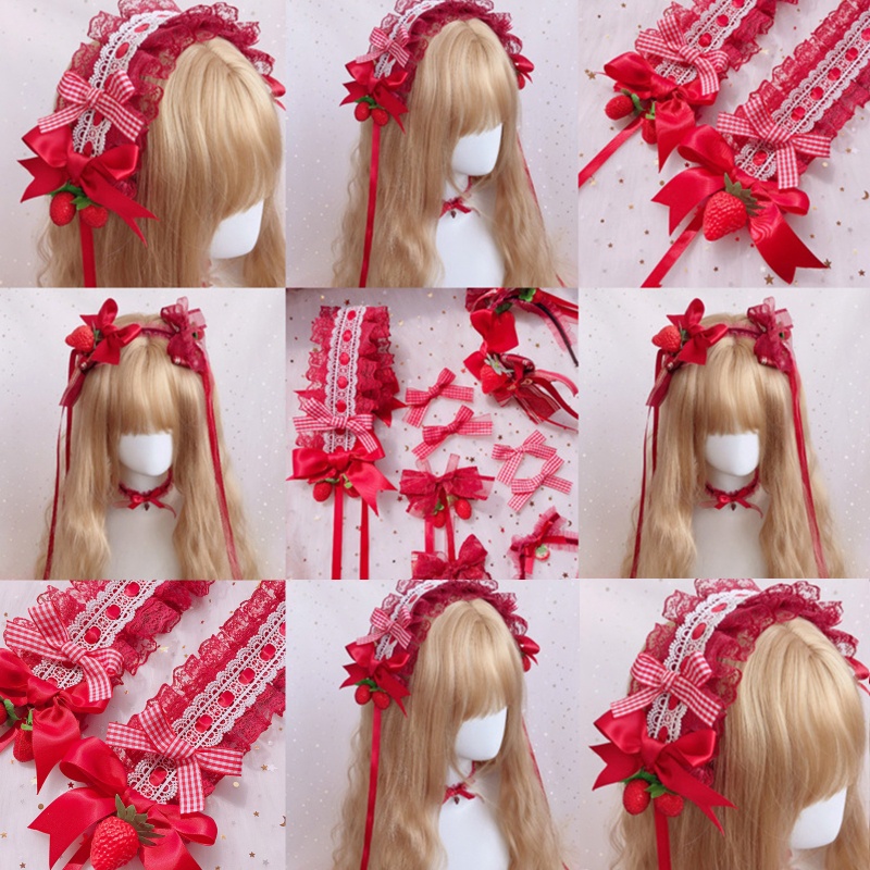 Kẹp Tóc Họa Tiết Caro / Dâu Tây Phối Ren Nhún Bèo Ngọt Ngào Phong Cách Lolita