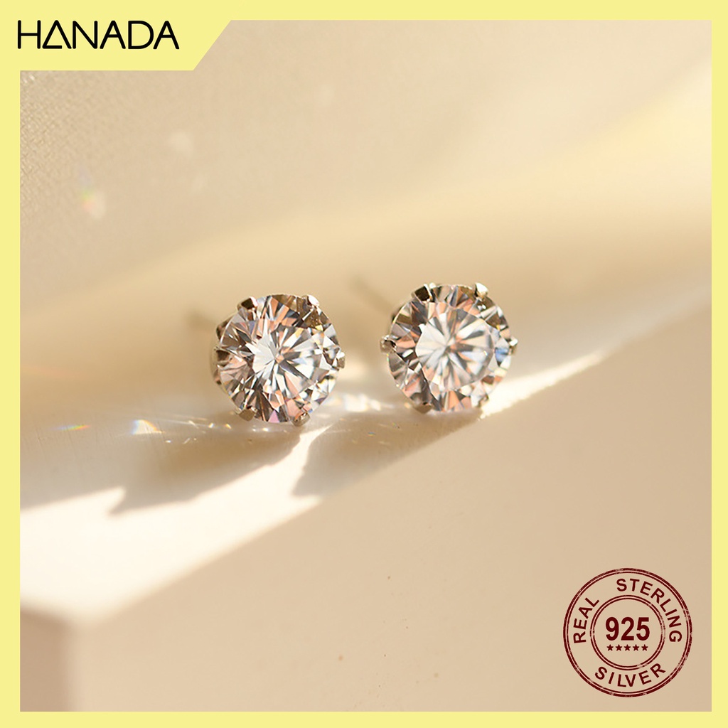 Bông Tai Bạc 925 Hanada Chuôi Vặn 6 Chấu Dày Dặn Đá CZ 6A Chuẩn 120 Lát Cắt Siêu Lấp Lánh Không ố Không mờ