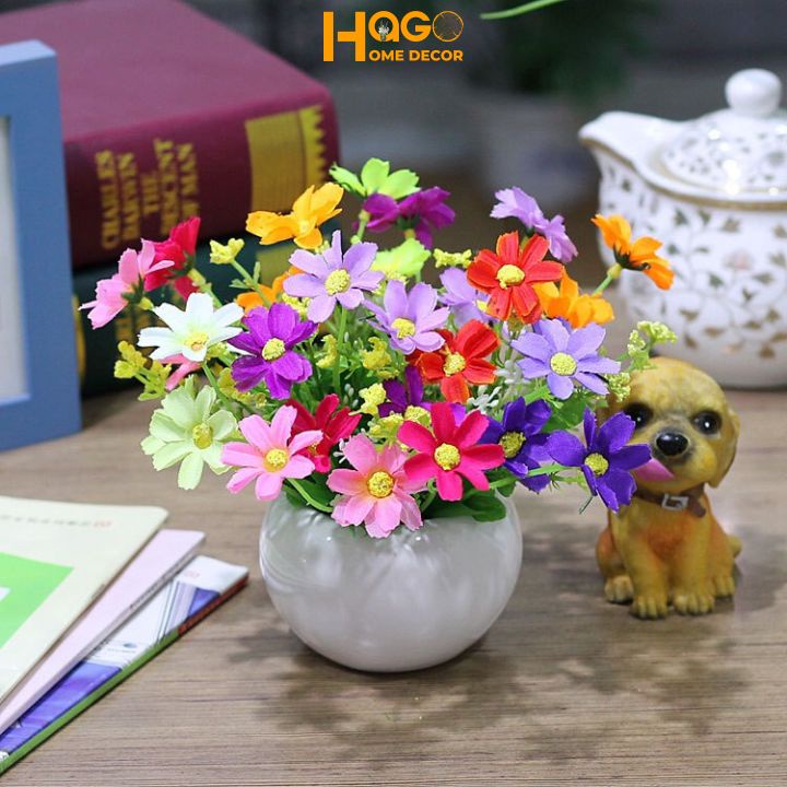 Chậu hoa giả, chậu hoa mini kích thước cao 12-15cm cm cắm sẵn nhiều mẫu hoa