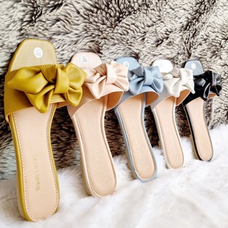 Dép Xẹp Nữ Nơ Bánh Bèo Chất Liệu Da Dễ Thương 5 Màu - MS 89