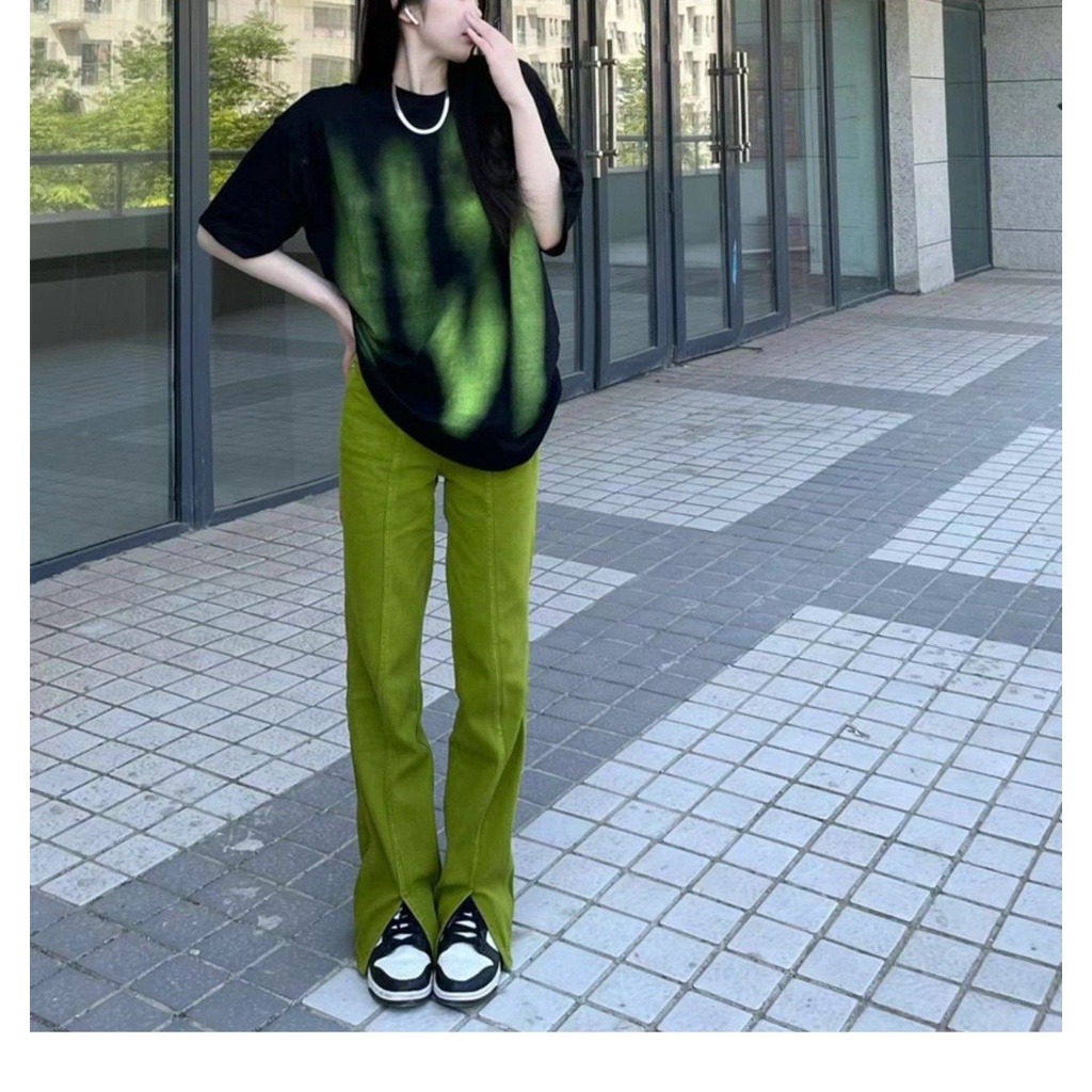 Quần Jean Dài Ống Đứng Xẻ Tà Màu Xanh Bơ Phong Cách Mỹ Thời Trang Mùa Hè Cho Nữ