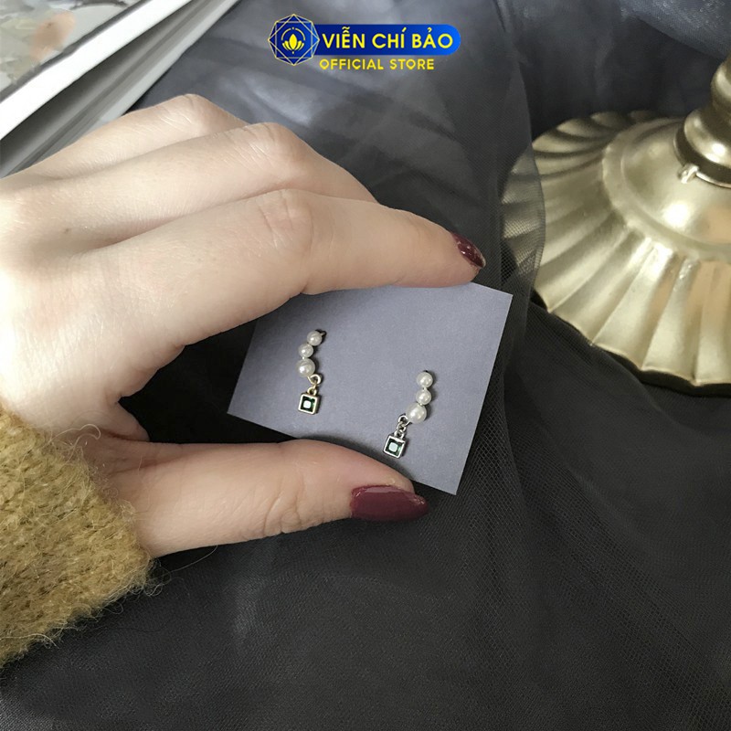 Bông tai bạc nữ hình chuỗi cầu vuông xanh lá chất liệu bạc 925 thời trang phụ kiện trang sức Viễn Chí Bảo B400108