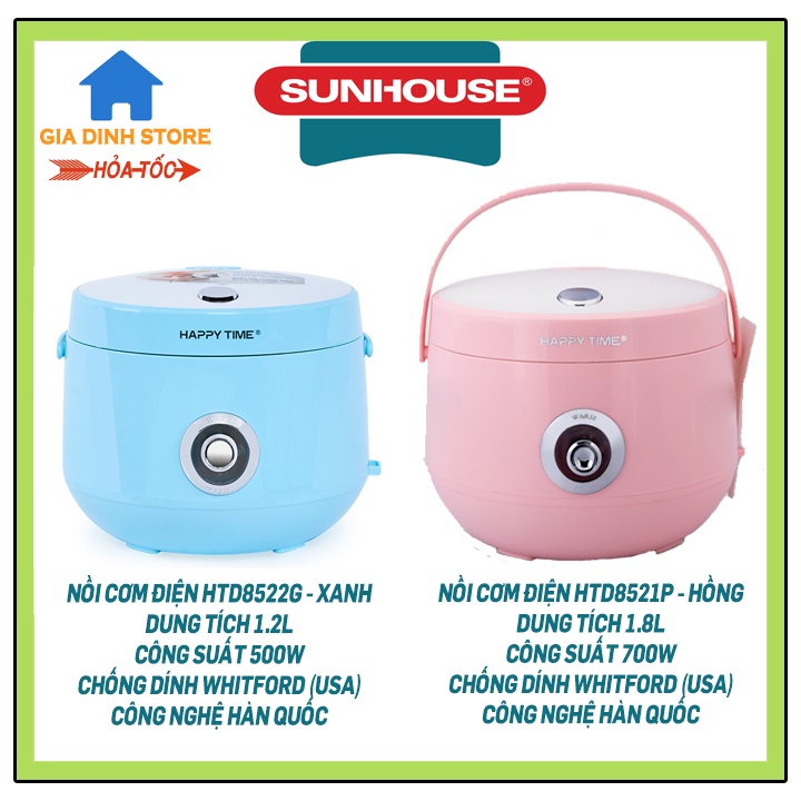 Nồi cơm điện Sunhouse HTD8522G/Xanh/1.2L/500W ---HTD8521P/Hồng/1.8L/700W, công nghệ Korea nấu cơm siêu ngon