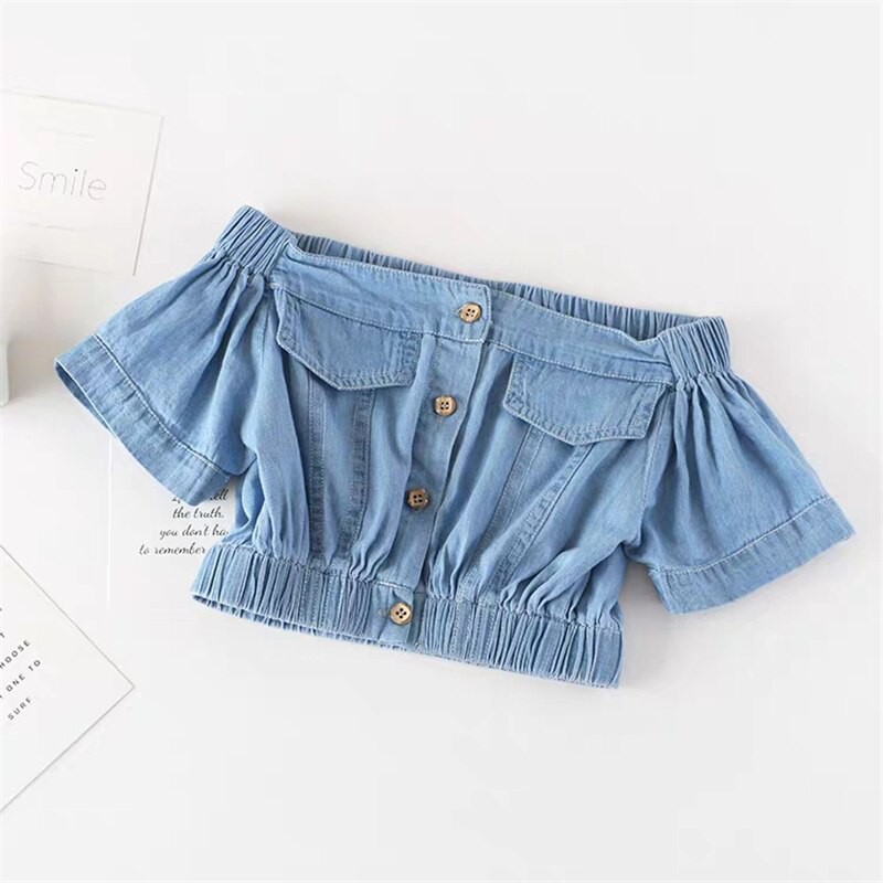 MezyTicky Summer Girl Denim Clothing Sets Toddler Fashion High Waist Pleated Dress Clothes Children Strapless Sleeve Tops Short Dress