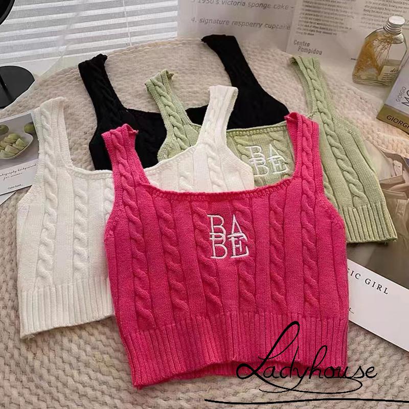 Ldd-áo Ba Lỗ Đan Móc Mỏng Vừa Vặn Cổ Chữ U Thêu Chữ Màu Xanh Lá / Trắng / Đỏ / Đen Cho Nữ