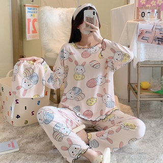 Bộ đồ ngủ mặc nhà thu đông cổ bèo in hình dễ thương chất liệu cotton co giãn thoải mái