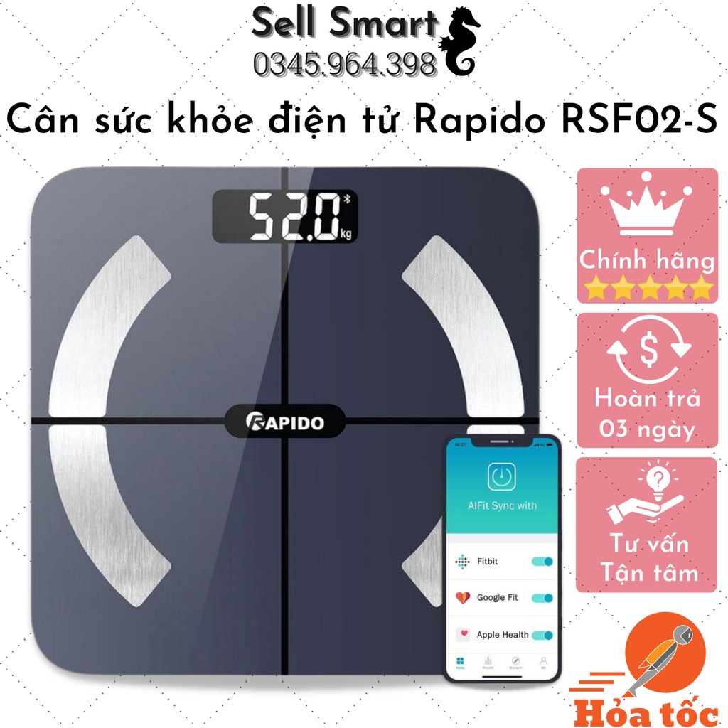 Cân Điện Tử Sức Khỏe Bluetooth Rapido RSF02-S Cao Cấp Phân Tích Chỉ Số Theo Dõi Tình Trạng Cơ Thể Qua APP - BH 12 tháng