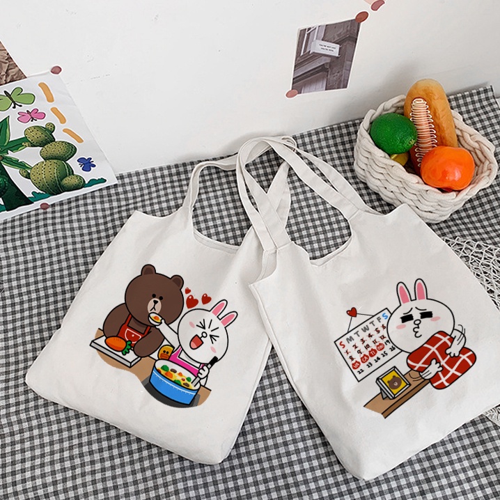 Túi vải nữ canvas Quai Tròn In Hình Cặp Đôi Gấu Brown và Thỏ Cony Dễ Thương 1