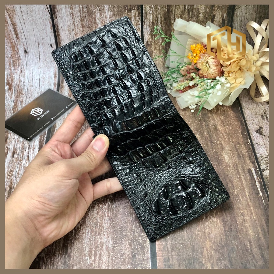 Ví Da Cá Sấu Gù Đầu 2 Mặt, Bóp Nam Da Gai Lưng Gù Đầu 2 Mặt Màu Đen, Kiếu Dáng Ngang - BH 24 Tháng