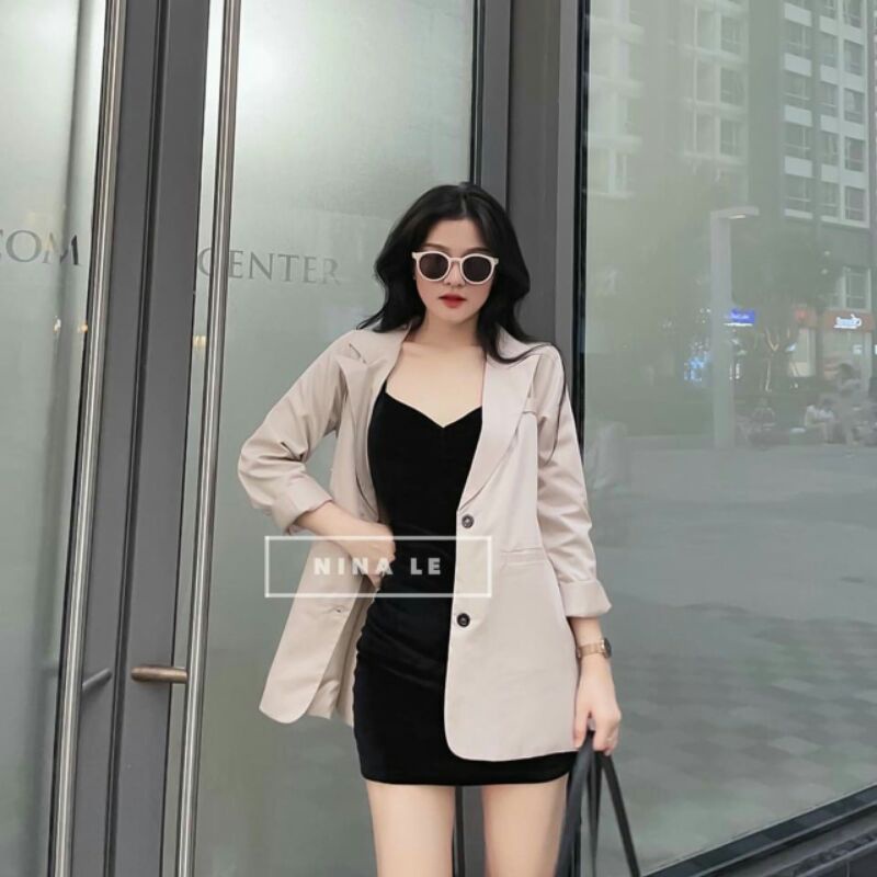 Set trang phục công sở, Set đầm body 2 dây đen+ áo khoác nude, set nữ sang trọng