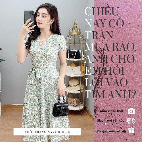 Đầm hoa xoè Navy cổ V thắt dây eo, trang phục đi dạo, đầm dạo phố