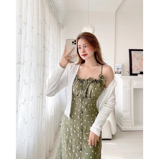 SET ĐẦM HOA NÚT BỌC + ÁO KHOÁC TRẮNG