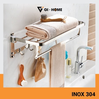 Giàn Treo Khăn GIHOME Inox 304 Khoan Tường Và Dán Tường Kèm 5 Móc Treo Tiện Lợi