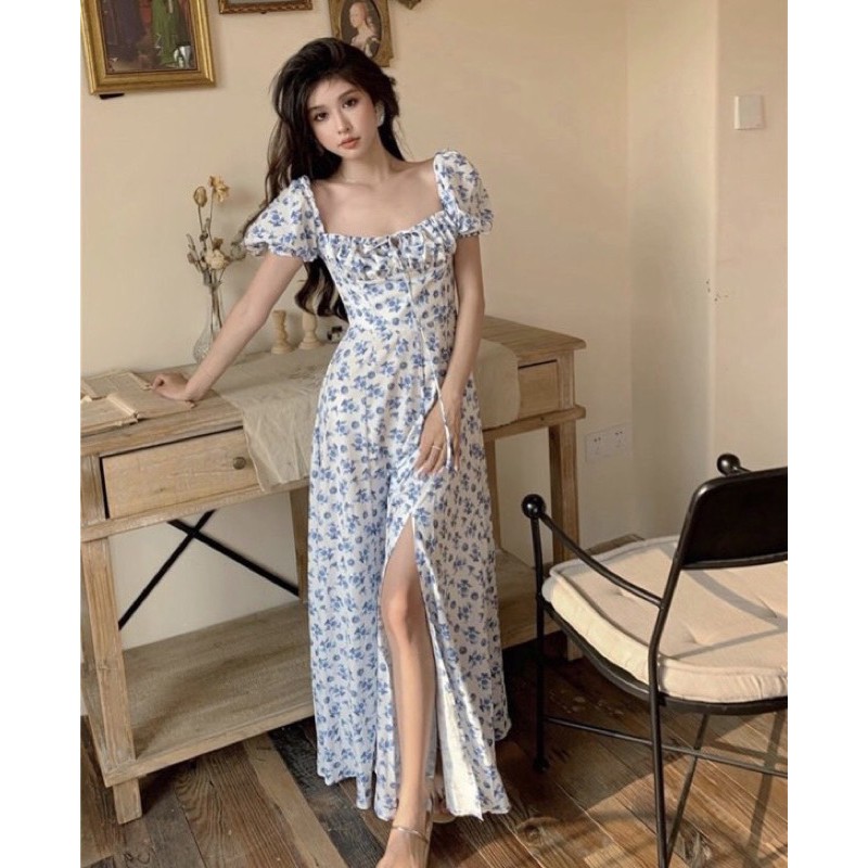 Đầm maxi hoa xanh nhíu ngực cột nơ xẻ tà | BigBuy360 - bigbuy360.vn