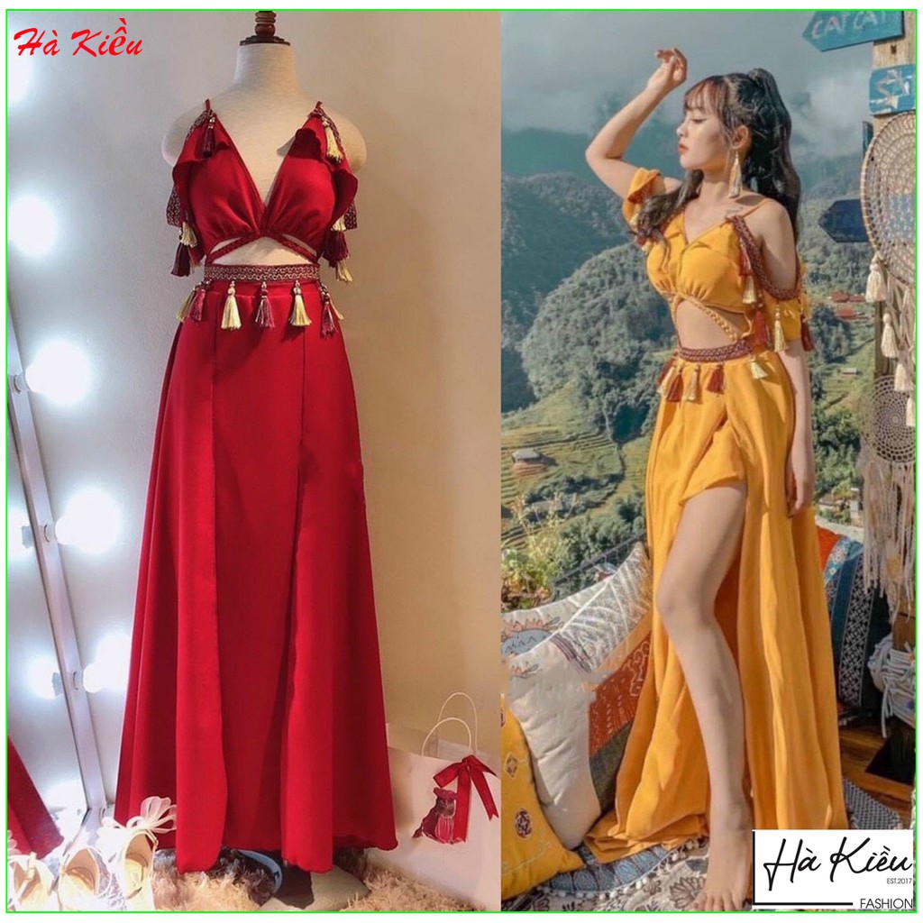 Đầm maxi đi biển khoét eo xẻ tà phối họa tiết sang trọng chụp hình sống ảo quá xinh.