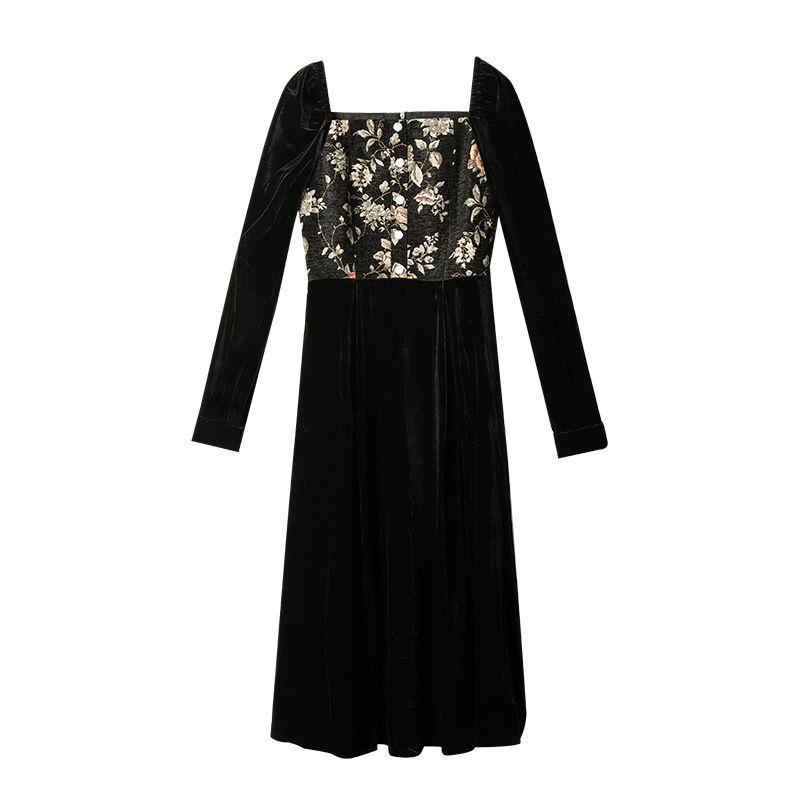 Hàng Có Sẵn!F &amp; X Đầm Nhung Dáng Dài Cổ Vuông Ghép Màu Tranh Sơn Dầu Phong Cách Retro Pháp Mới Cao Cấp Dành Cho Nữ