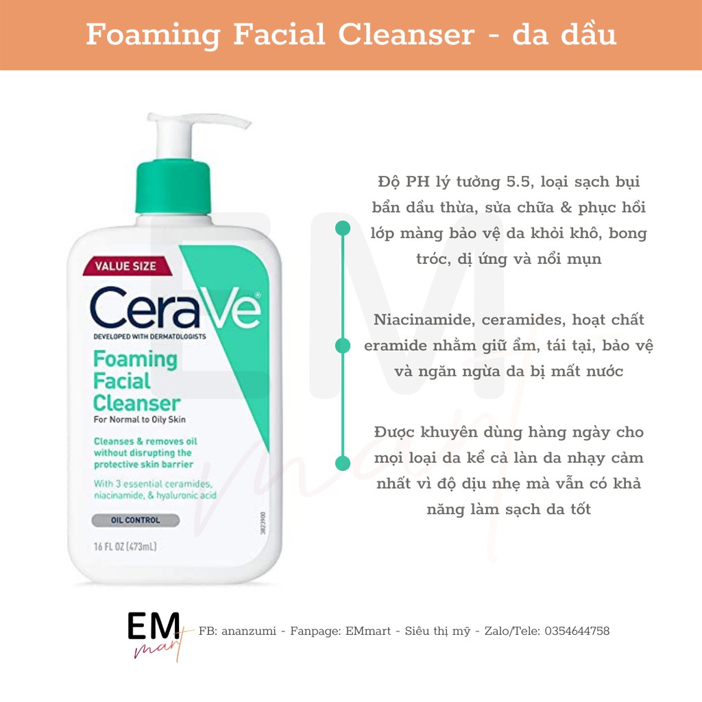 [Bản Mỹ và Pháp] Sữa rửa mặt Cerave Foaming Cleanser, Cerave Hydrating Facial Cleanser, Cerave SA Smoothing Cleanser