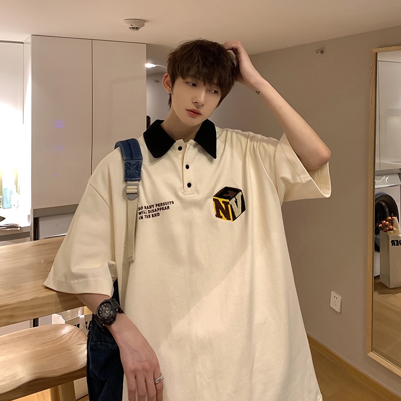 Áo Sơ Mi POLO Tay Ngắn Dáng Rộng In Chữ Thời Trang Hàn Quốc Cho Nam Size M-2XL
