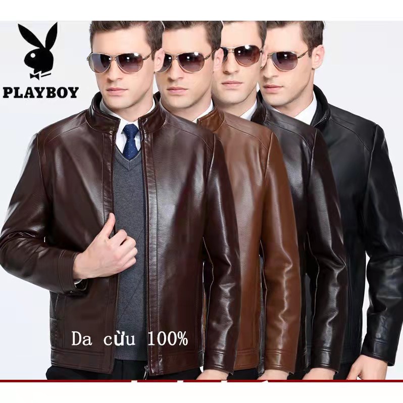 Áo da nam da cừu lớp đầu chính hãng nổi tiếng Playboy/ DA THẬT 100%/áo da lót lông cổ đứng
