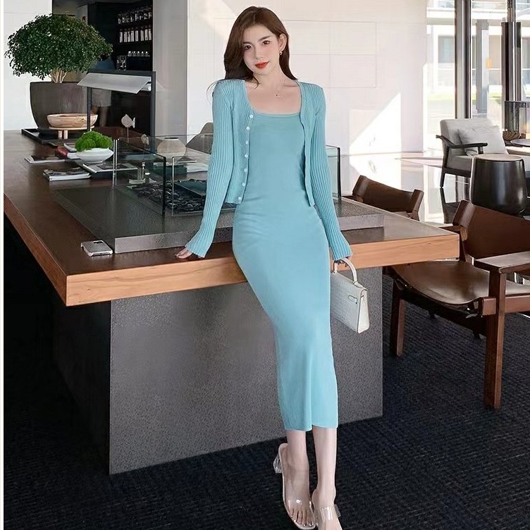 SUXI Đầm Dệt Kim Hai Dây Màu Trơn Phong Cách Thời Trang Mới Mùa Thu Cho Nữ