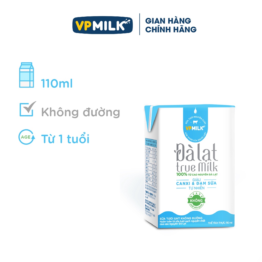 Sữa Tươi Đà Lạt True Milk 110ml (Thùng 48 hộp)