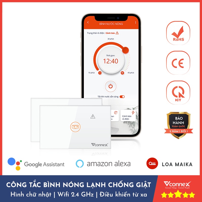 Công tắc bình nóng lạnh thông minh wifi, chống giật, hẹn giờ, cảm ứng hình vuông 2500W.