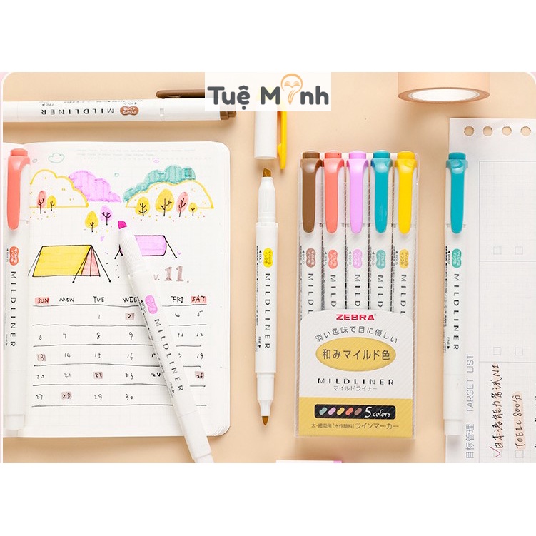 Bộ 5 bút highlight 2 đầu Zebra Mildliner Nhật Bản chính hãng, bút đánh dấu nhiều màu HI04