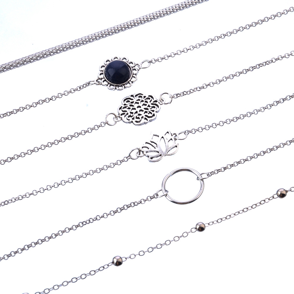 Set 6 vòng tay nhiều lớp mặt hình tròn/hoa sen kết hạt đính đá khoét rỗng thời trang dành cho nữ