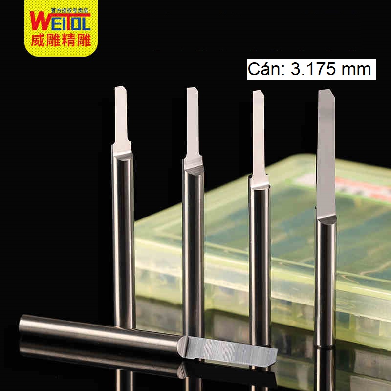 Weitol - Hộp 10 dao cắt CNC 1 lưỡi đáy phẳng 2A thân 3.175, cắt mica, tấm Alu-Composite