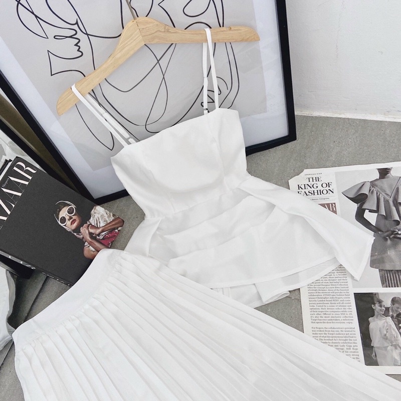 SET ÁO 2S TRẮNG NHÚN XẾP TÀ + CHÂN VÁY MIDI DẬP LY sp000180