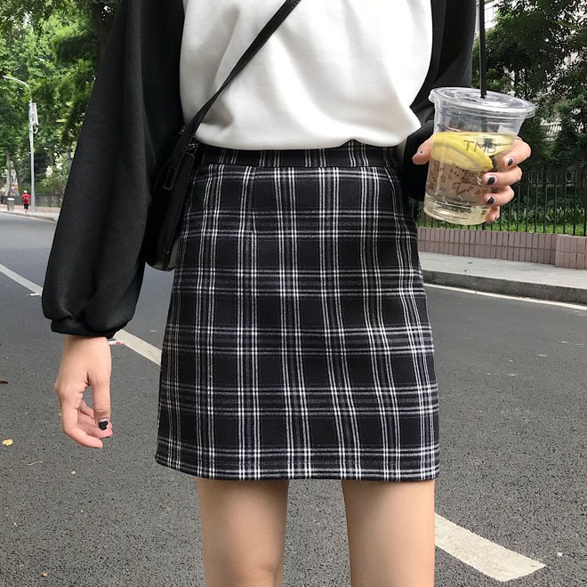 SUXI Chân váy midi lưng cao họa tiết sọc caro phong cách Hàn Quốc